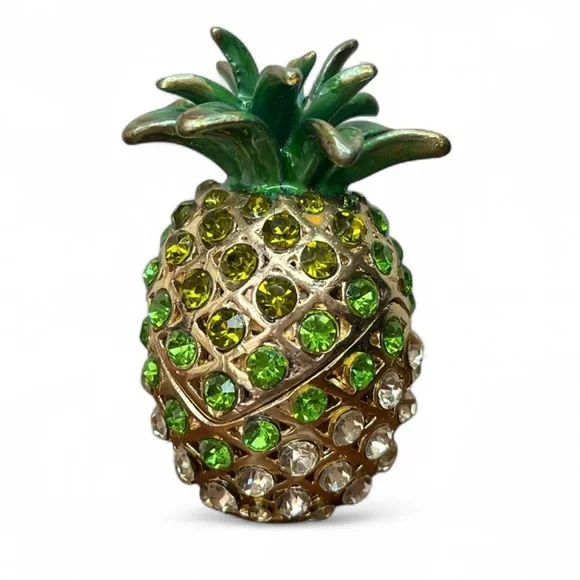 Hawaiian Pineapple Trinket Box Rhinestone Enameled Magnetic Closure Green - Picture 2 of 11